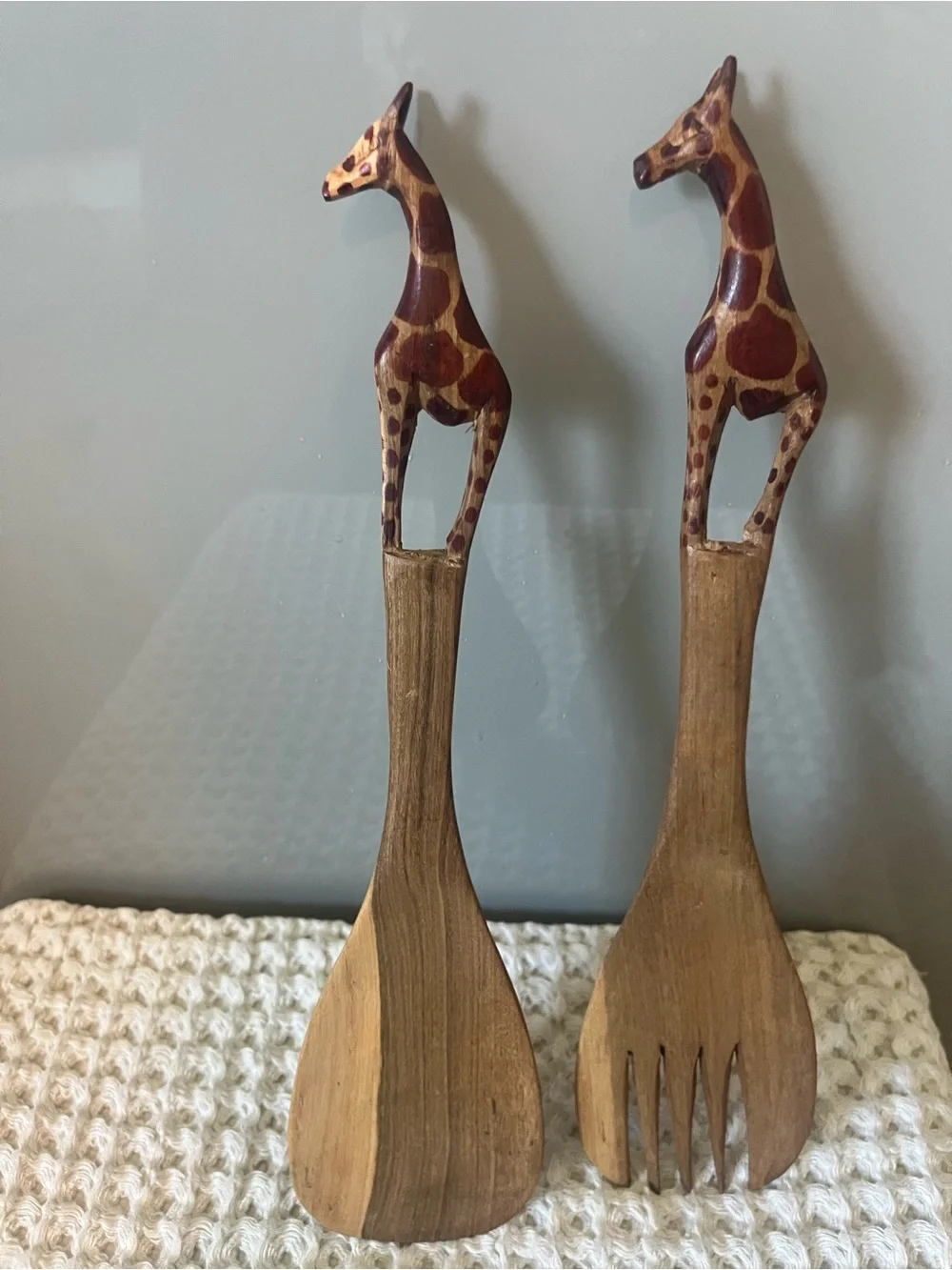 Handcarved Wooden Giraffe Salad Servers - Brown 515